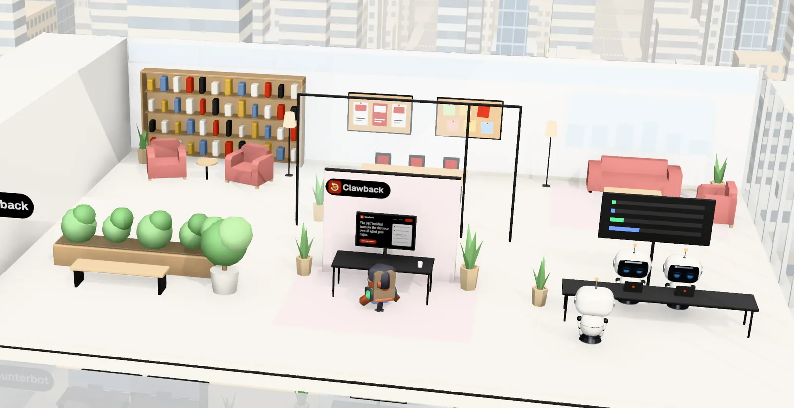 Clawback’s office on floor 24 of Tower 1: the owner’s desk with the website on screen, the agents’ bench, a meeting room and a library